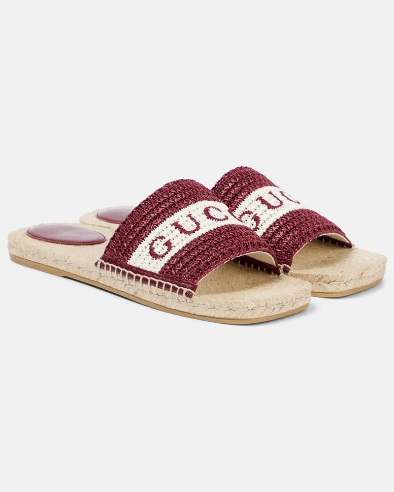 Gucci Bestickte Espadrille-Pantoletten aus Raffiabast Burgund