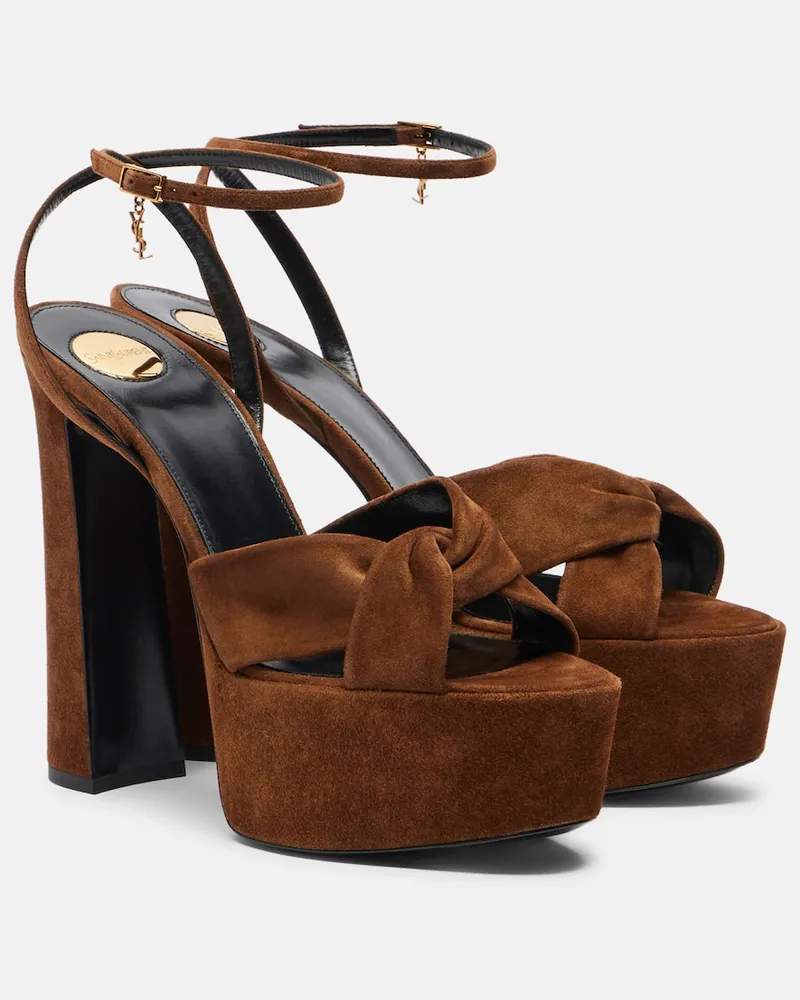 Saint Laurent Plateausandalen Franciane aus Veloursleder Braun