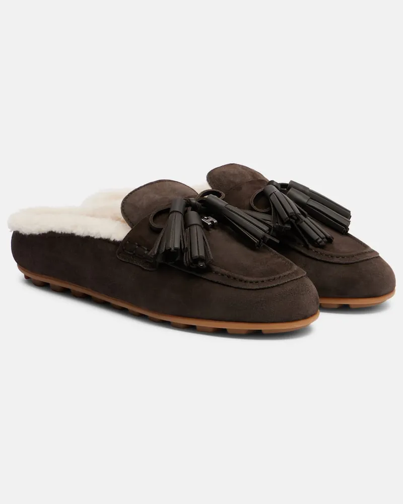 Hogan Slippers H693 aus Veloursleder mit Shearling Braun
