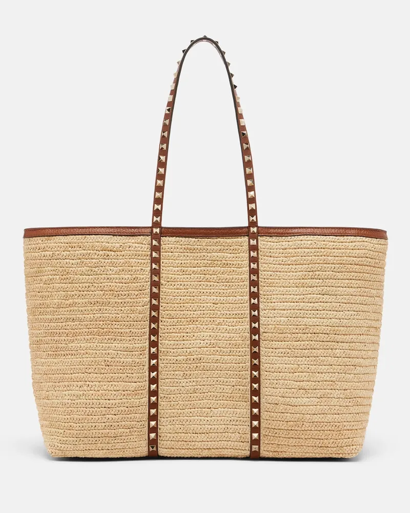 Valentino Garavani Tote Bag Rockstud Large aus Raffiabast Beige