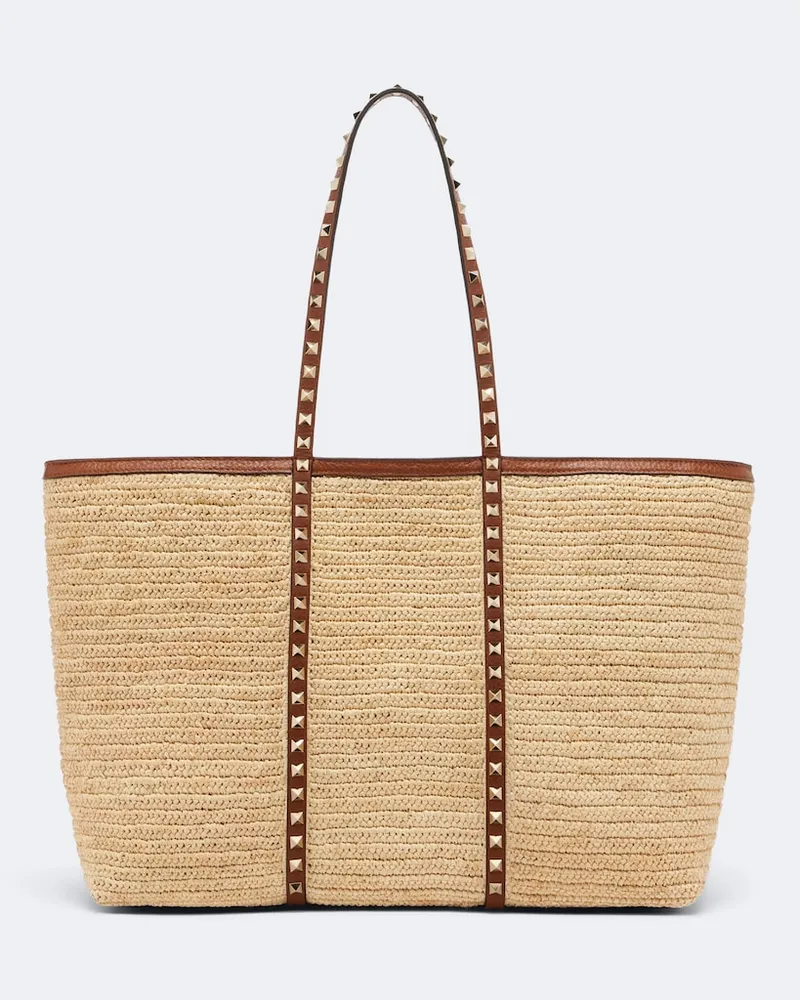 Valentino Garavani Tote Bag Rockstud Large aus Raffiabast Beige