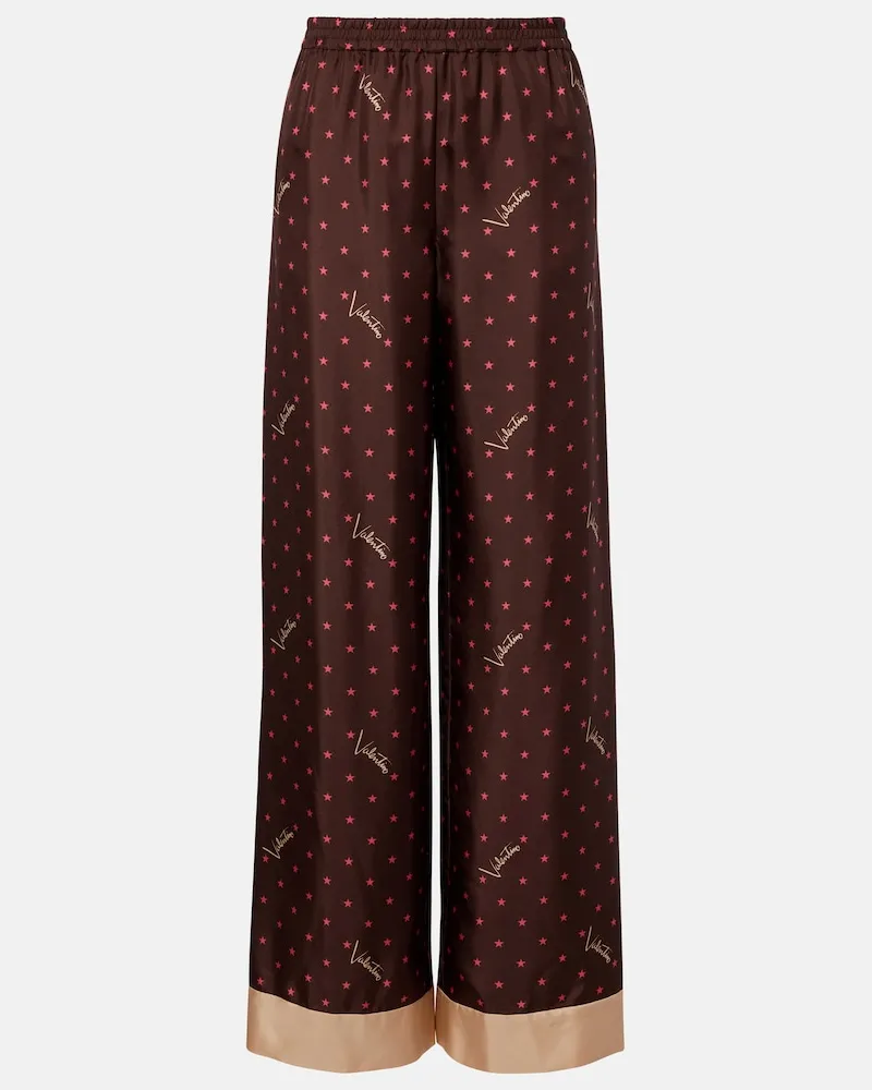 Valentino Garavani Bedruckte Palazzo-Hose aus Seiden-Twill Braun
