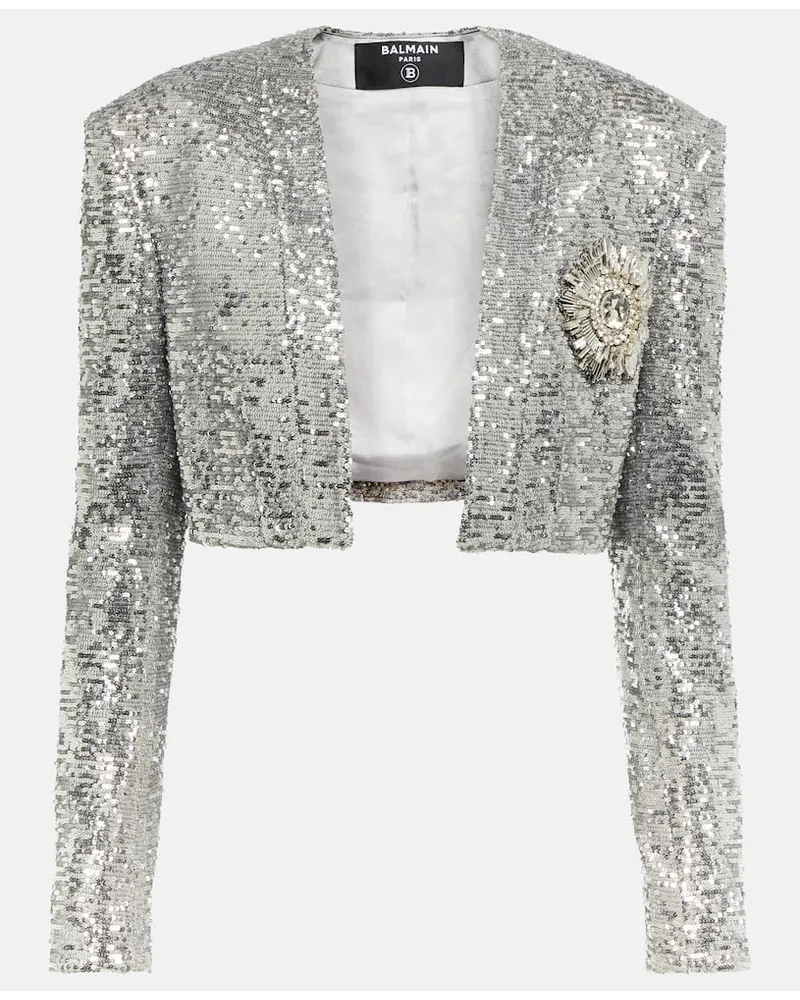 Balmain Cropped-Blazer mit Pailletten Silber