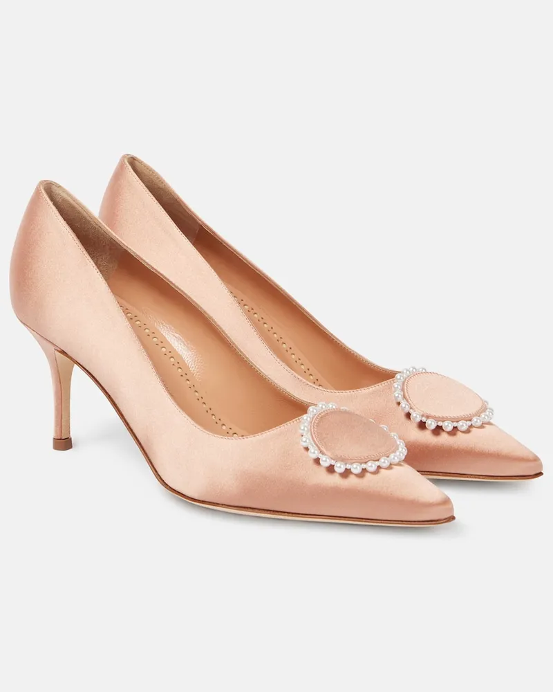 Manolo Blahnik Pumps Kifaclo 70 aus Satin mit Zierperlen Beige