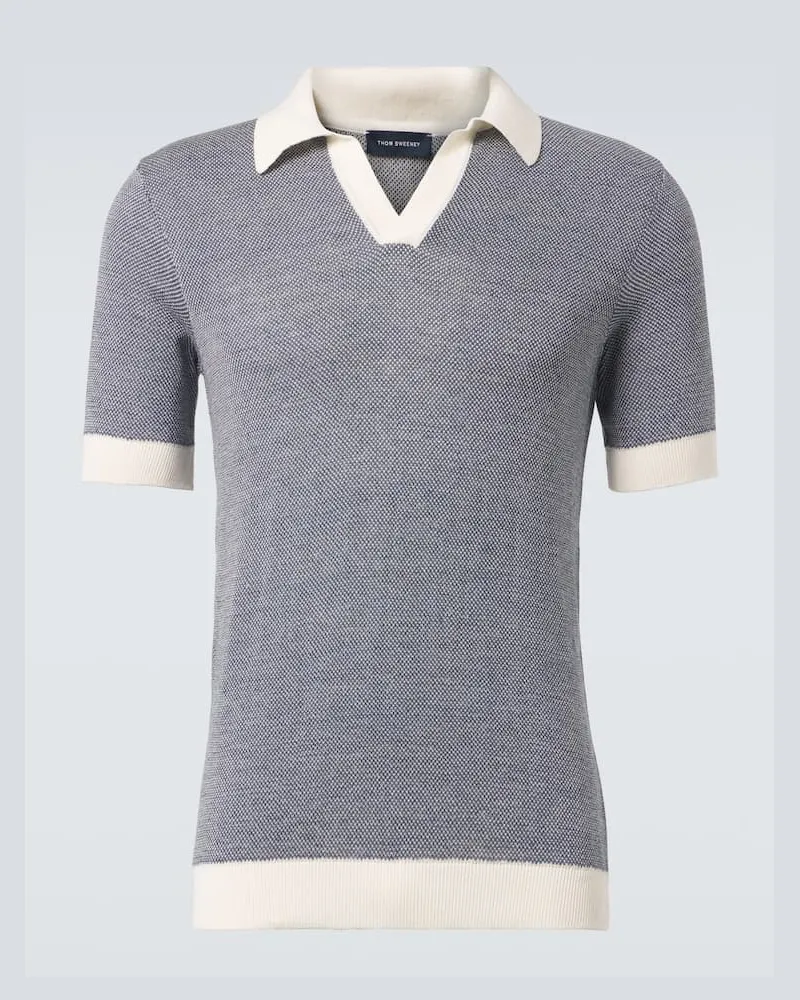 Thom Sweeney Polohemd aus Baumwolle und Leinen Blau