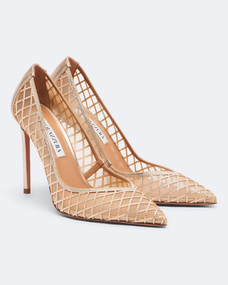 Aquazzura Verzierte Pumps Lumiere aus Mesh mit Leder Gold