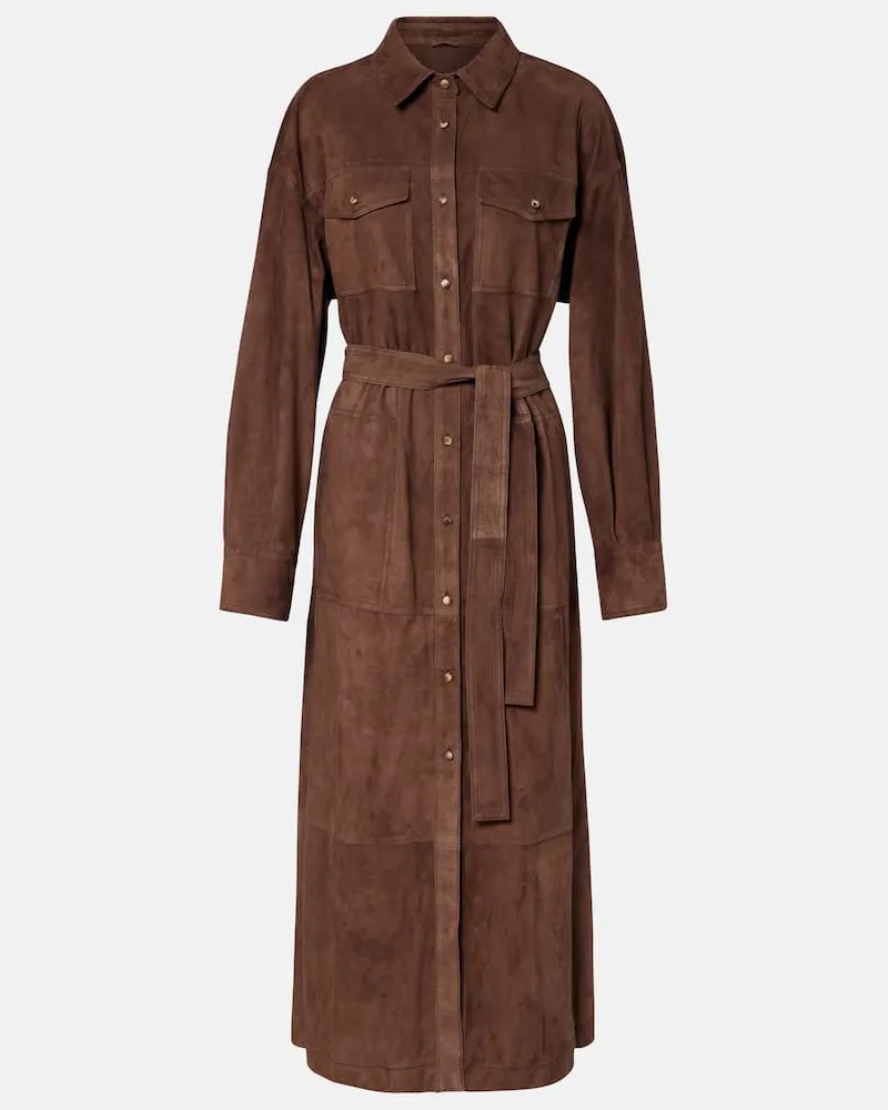 Brunello Cucinelli Hemdblusenkleid Monili aus Veloursleder Braun