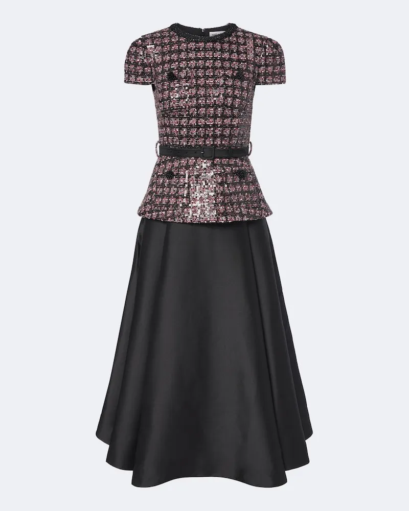 Self-Portrait Midikleid aus Bouclé und Taft mit Pailletten Schwarz