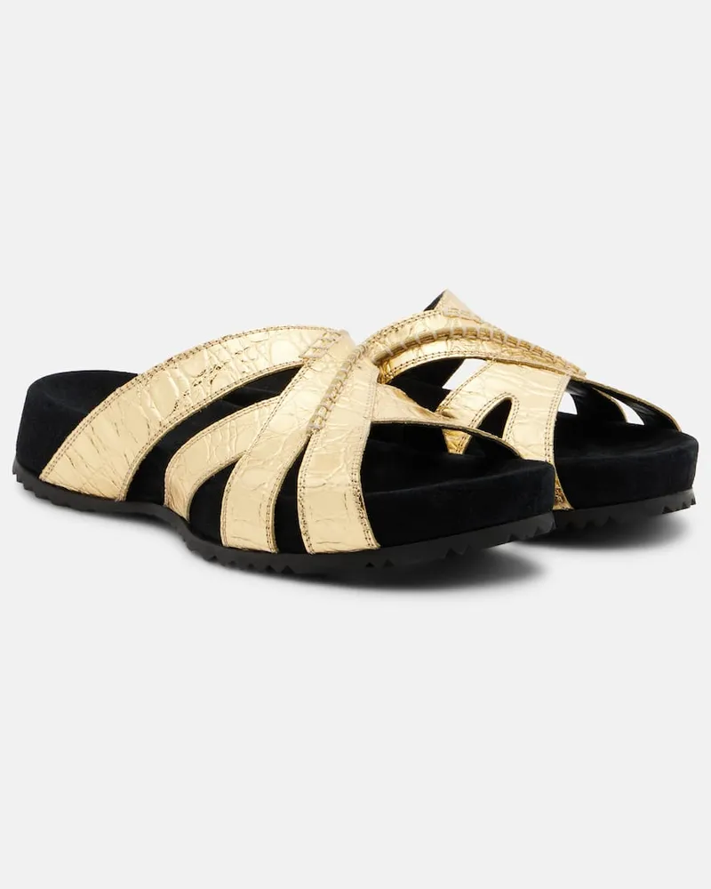 Dries van Noten Sandalen aus Metallic-Leder und Veloursleder Gold