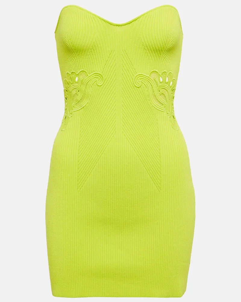 Self-Portrait Minikleid aus Rippstrick mit Spitze Gelb