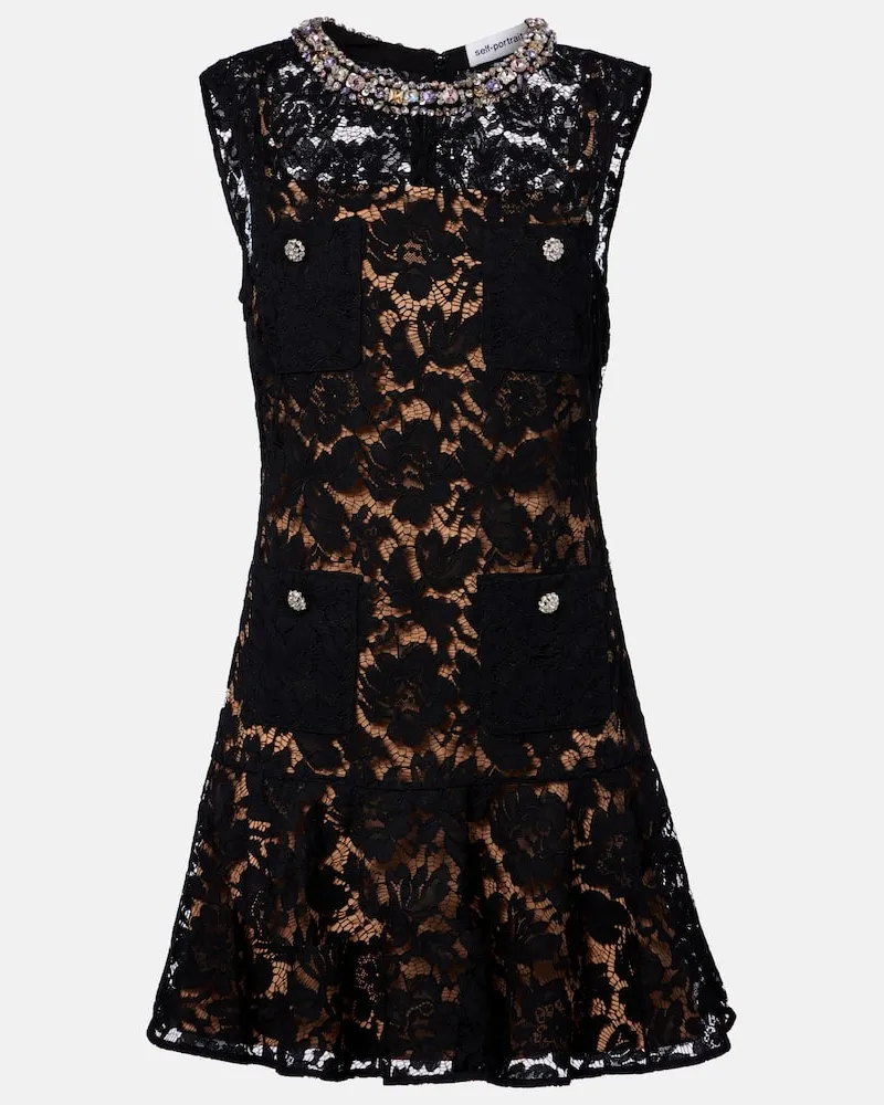 Self-Portrait Mnikleid aus Guipure-Spitze mit Kristallen Schwarz