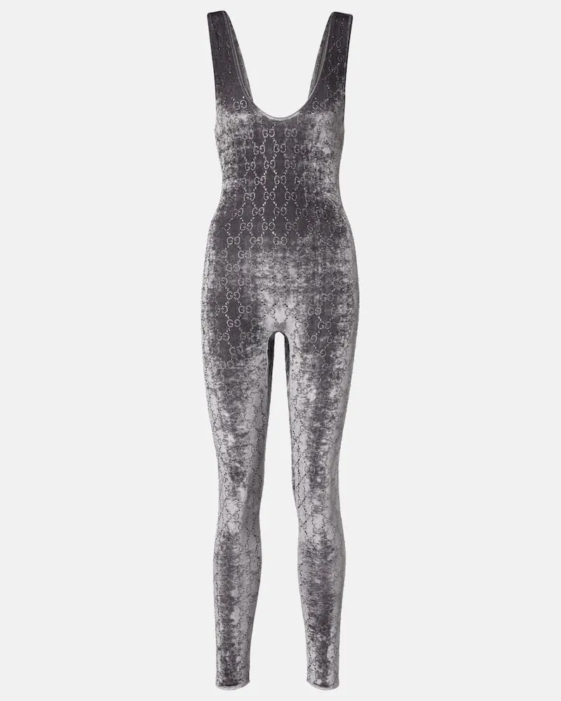 Gucci Jumpsuit GG Crystal aus Samt miT Kristallen Grau