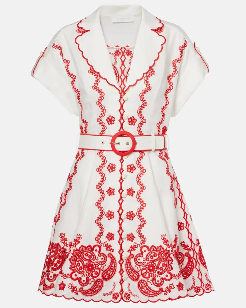 Zimmermann Besticktes Minikleid Lucky aus Leinen Weiß