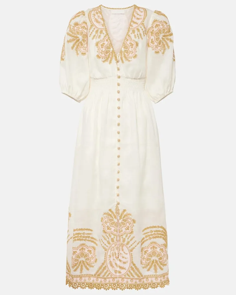 Zimmermann Besticktes Midikleid Waverly aus Leinen Weiß