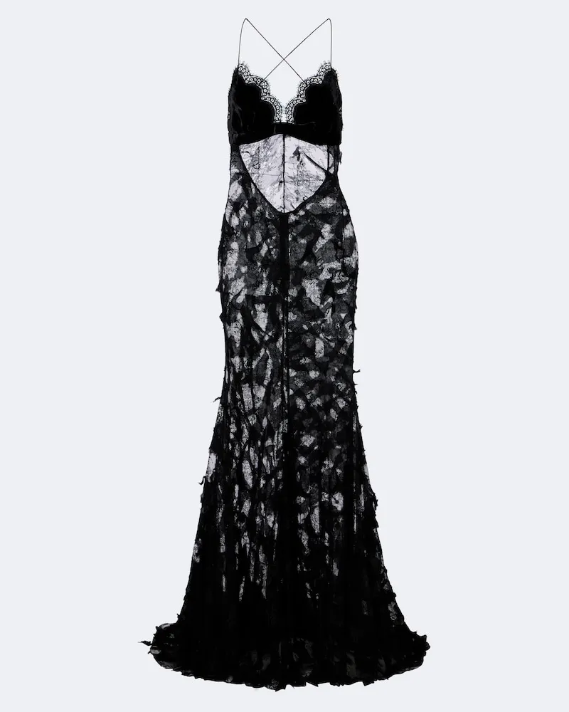 Roberto Cavalli Robe aus Samt und Spitze Schwarz