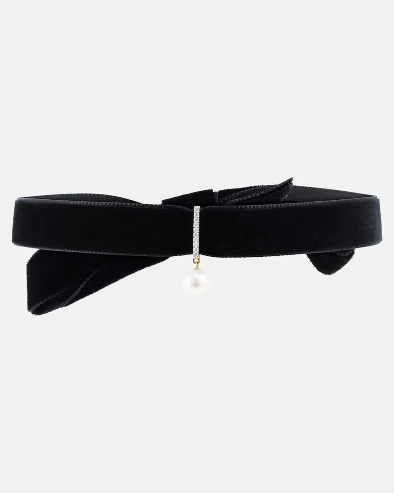 MATEO Choker aus Samt mit Diamanten und Perle Schwarz