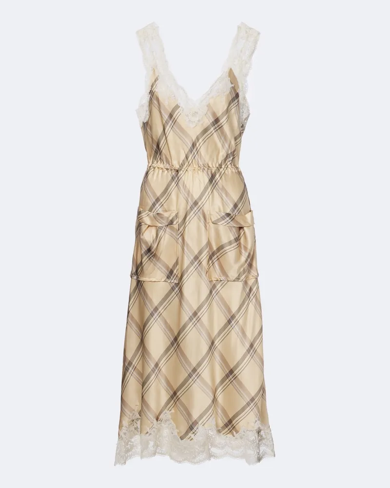 Paco Rabanne Midikleid aus Seidensatin mit Spitze Beige
