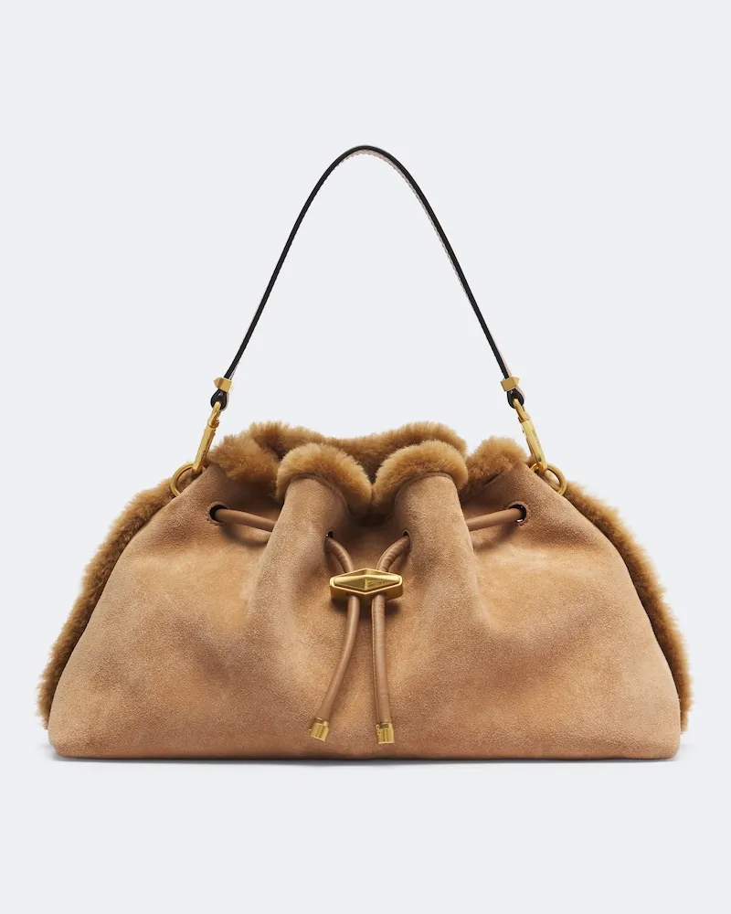 Jimmy Choo Schultertasche Cinch Medium aus Veloursleder Beige