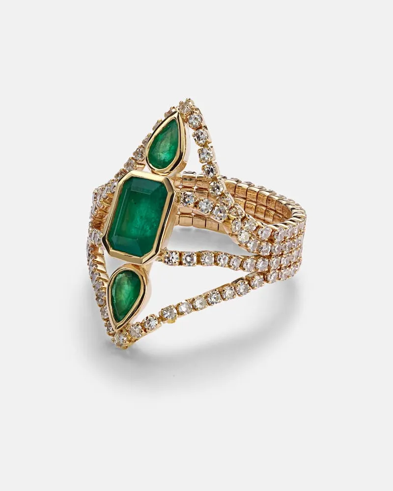 SHAY Ring Delicate Deco aus 18kt Gelbgold mit Diamanten und Smaragden Grün