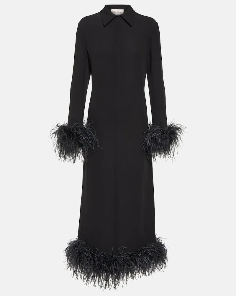 Valentino Garavani Midikleid aus Seide mit Federn Schwarz