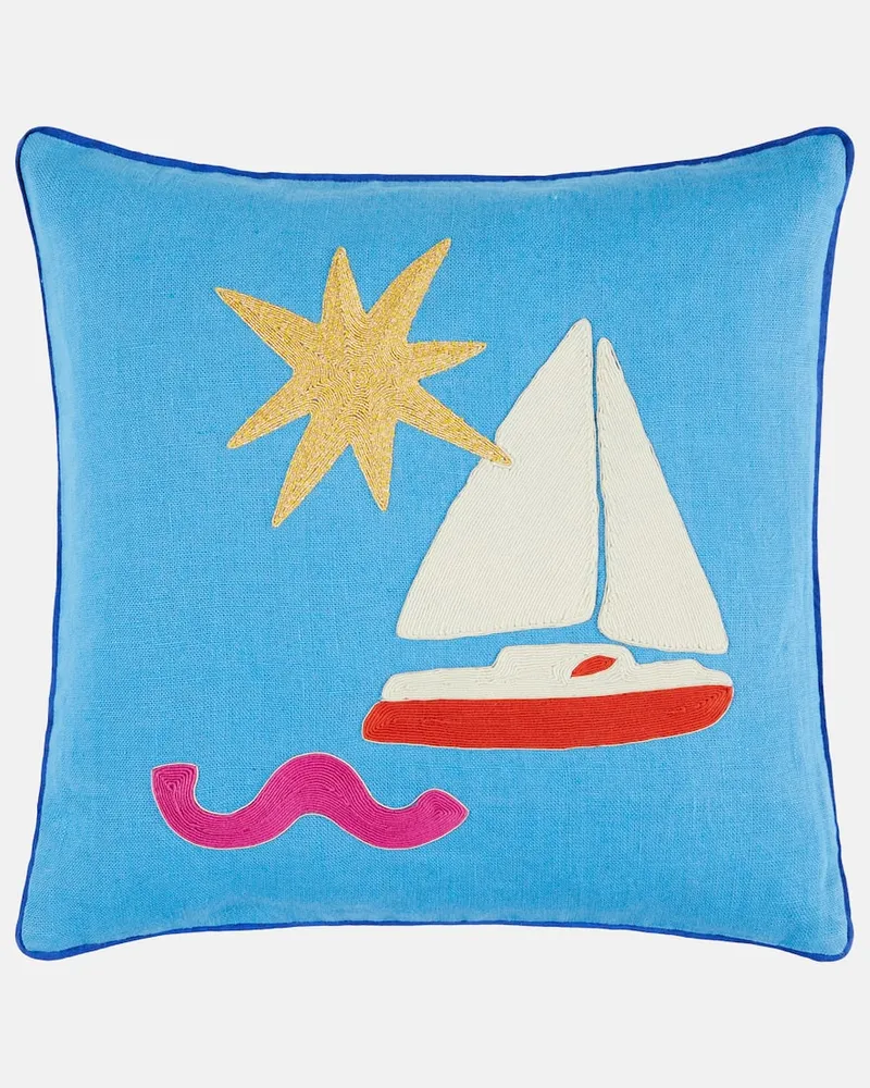 Jonathan Adler Kissen Playa Sailboat aus Leinen Blau