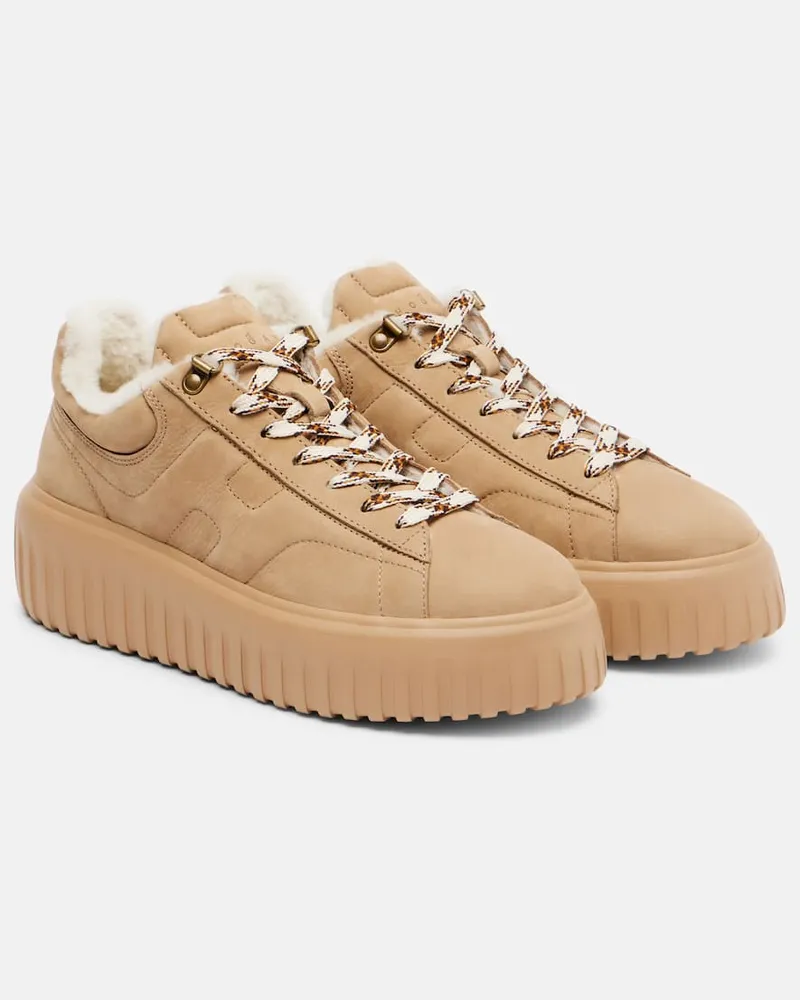 Hogan Sneakers H-Stripes aus Veloursleder und Shearling Braun