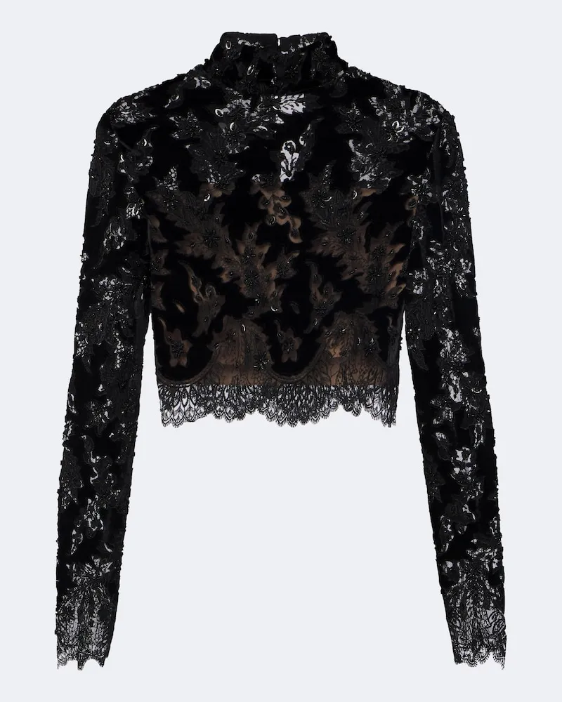 COSTARELLOS Verziertes Cropped-Top Isaline aus Samt und Spitze Schwarz