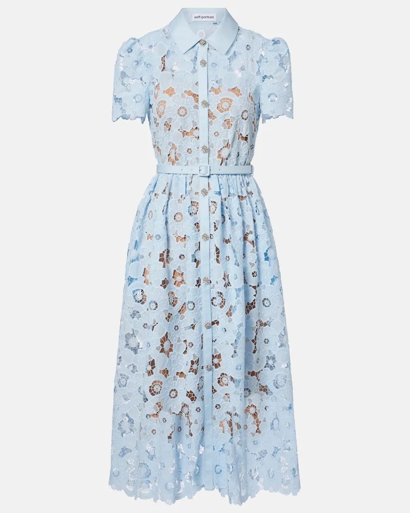 Self-Portrait Hemdblusenkleid aus Guipure-Spitze mit Kristallen Blau