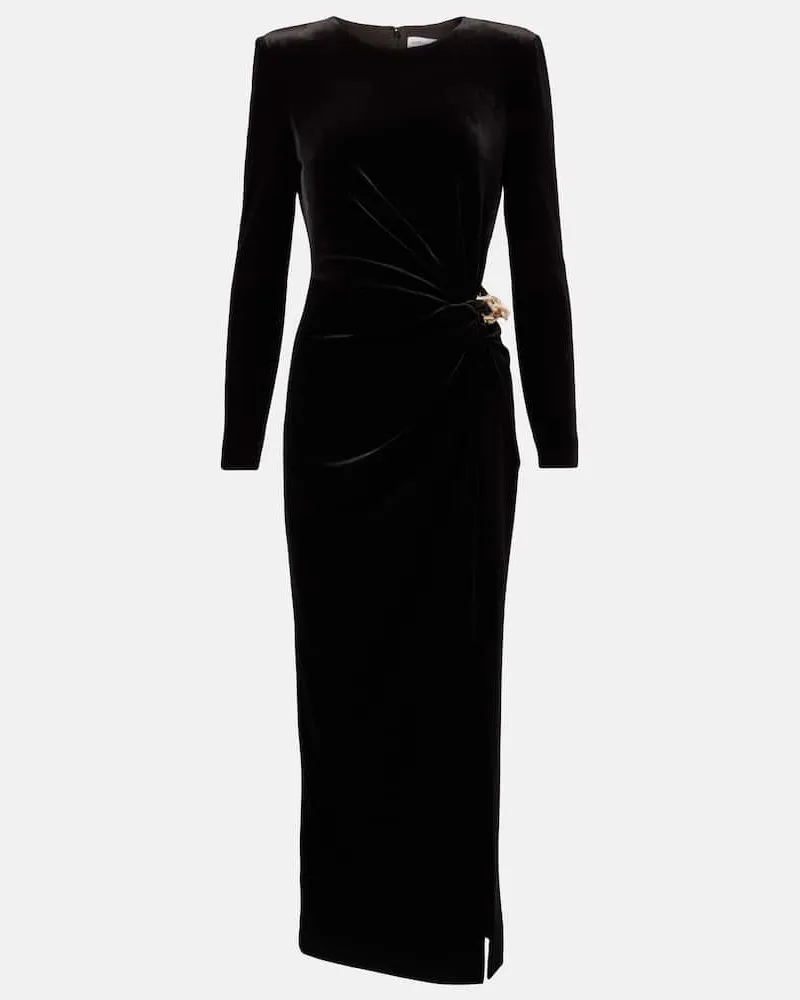 Self-Portrait Maxikleid aus Samt mit Kristallen Schwarz