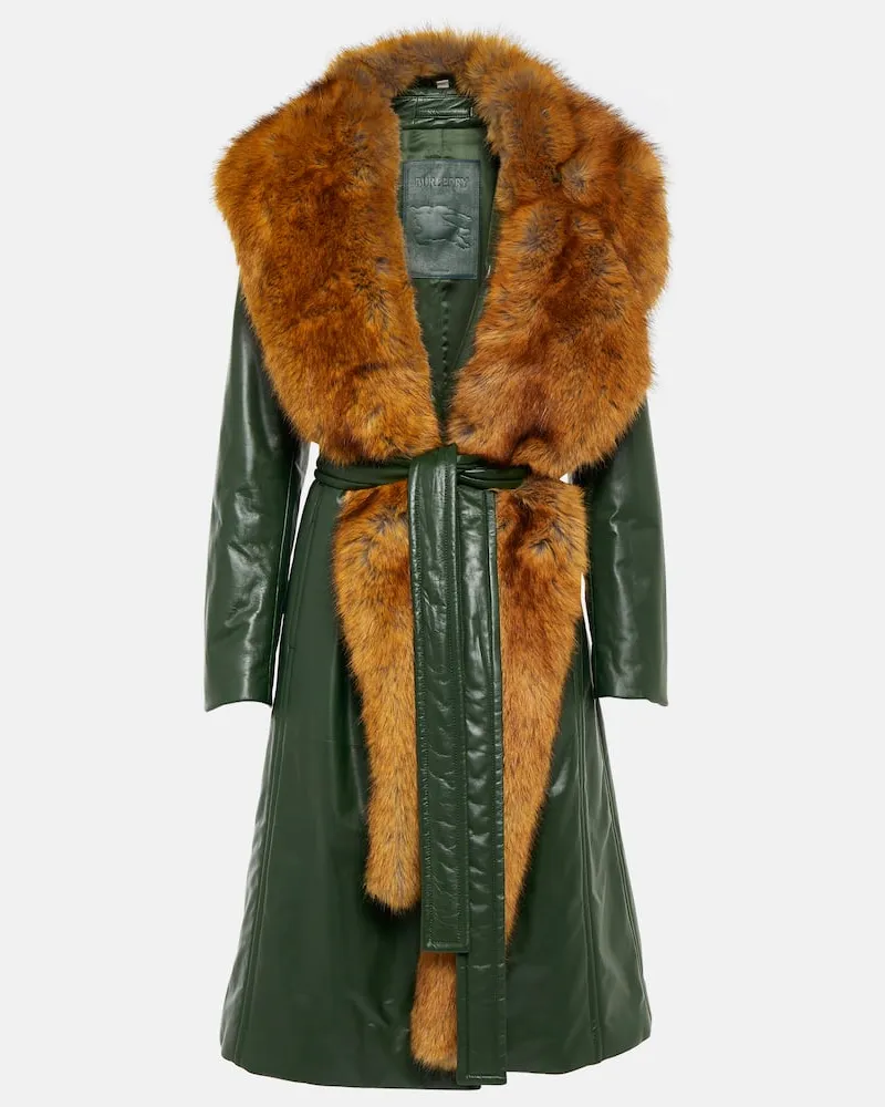 Burberry Mantel aus Leder mit Faux Fur Grün