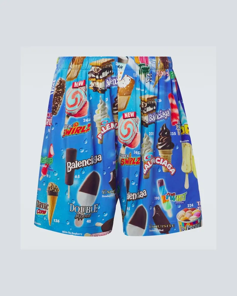 Balenciaga Bedruckte Shorts aus Satin Blau