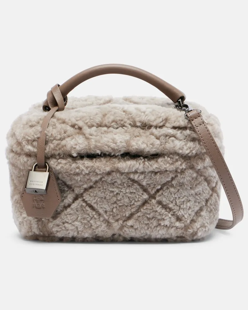 Brunello Cucinelli Schultertasche aus Shearling mit Leder Beige