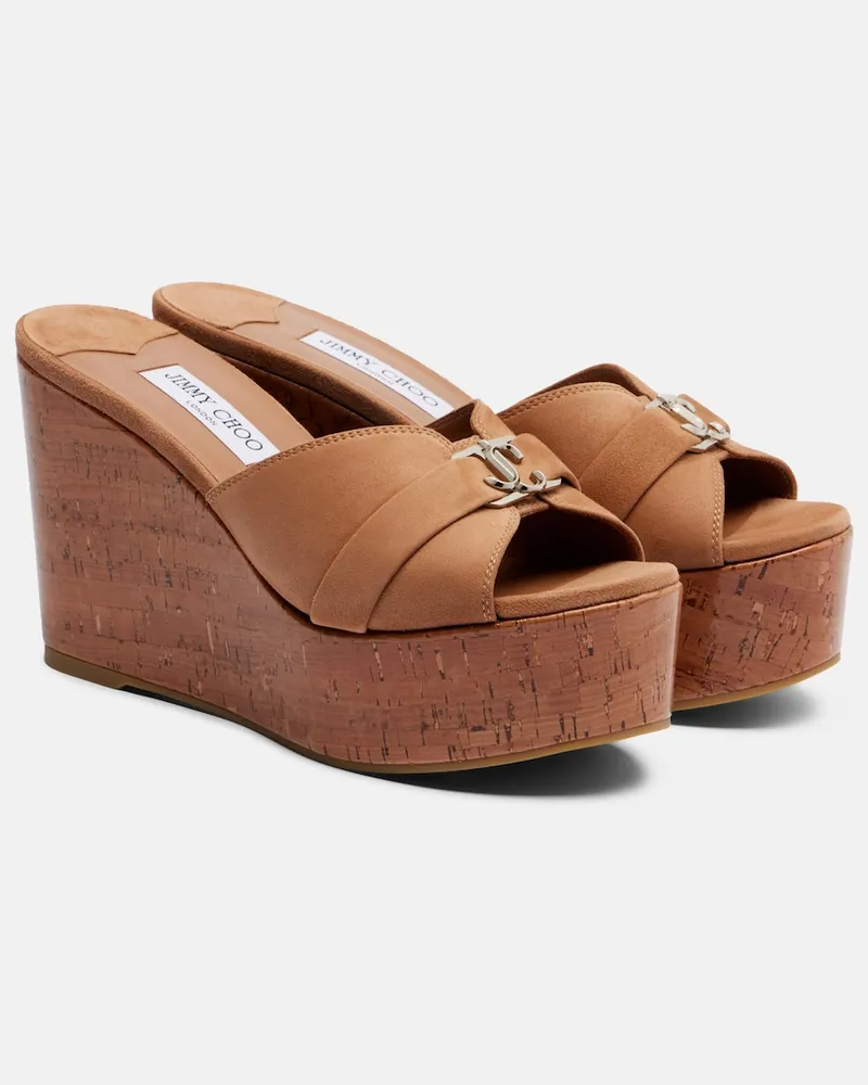 Jimmy Choo Wedge-Pantoletten Leda aus Veloursleder Beige