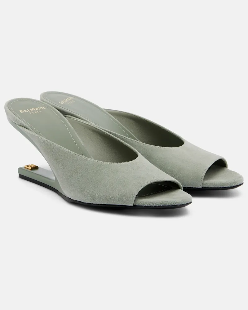 Balmain Wedge-Pantoletten aus Veloursleder Grün