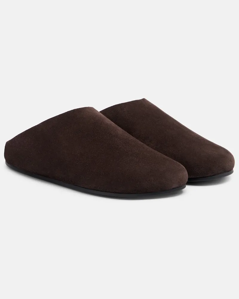 The Row Slippers Hudson aus Veloursleder mit Shearling Braun