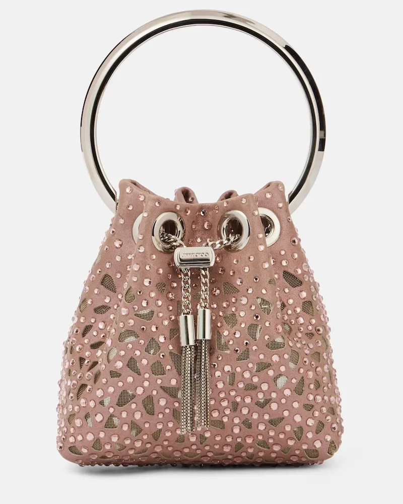 Jimmy Choo Bucket Bag Bon Bon Micro aus Satin mit Kristallen Rosa
