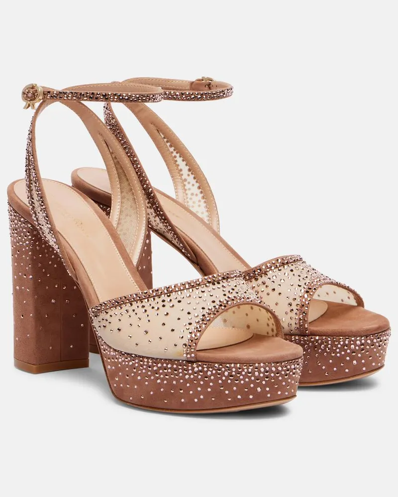 Gianvito Rossi Plateausandalen aus Organza und Veloursleder Beige