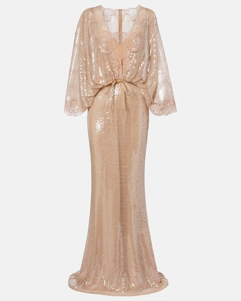 Elie Saab Robe aus Mesh mit Spitze und Pailletten Beige