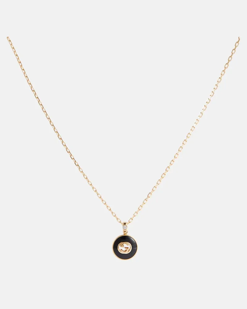 Gucci Halskette Interlocking G aus 18kt Gelbgold mit Diamant und Onyx Schwarz