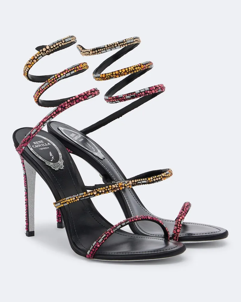 René Caovilla X Swarowski Verzierte Sandalen Cleo aus Satin Schwarz