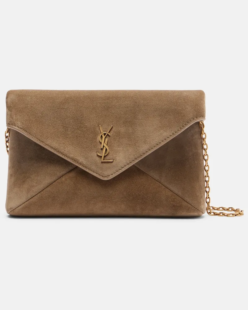 Saint Laurent Clutch Cassandre Small aus Veloursleder Beige
