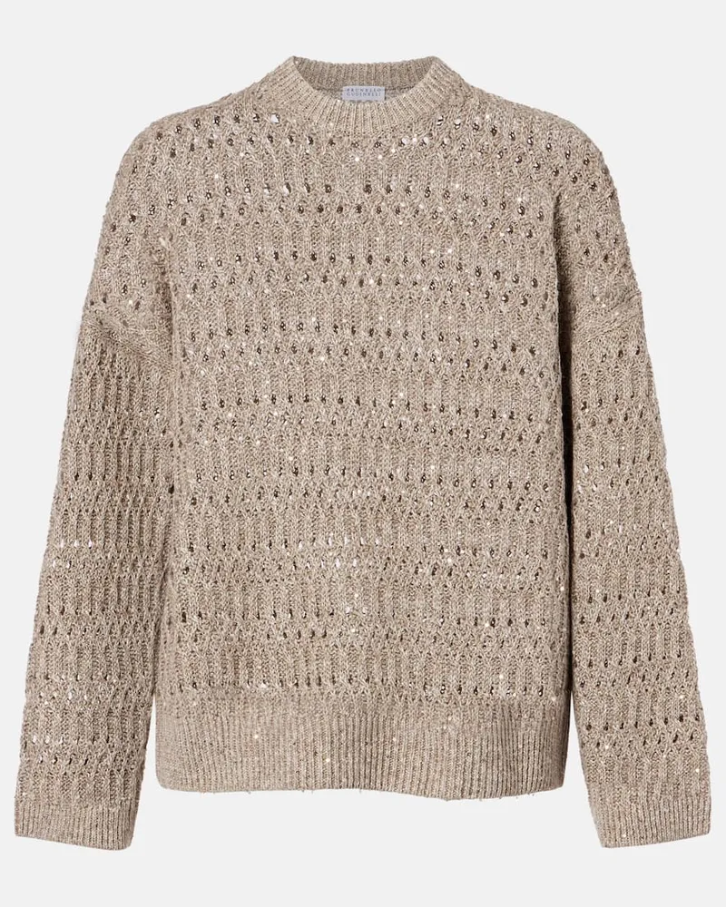 Brunello Cucinelli Pullover aus Leinengemisch mit Pailletten Braun