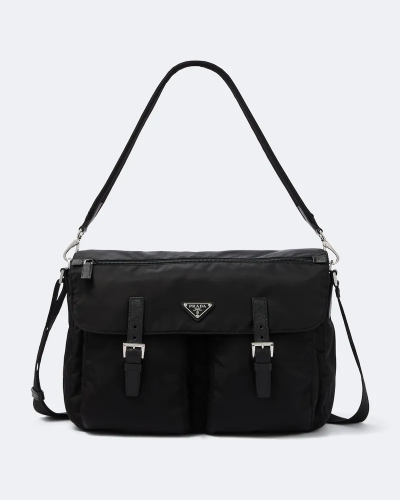 Prada Schultertasche aus Re-Nylon mit Saffiano-Leder Schwarz