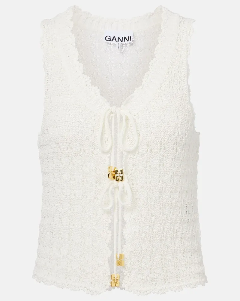 Ganni Top aus Häkelstrick Weiß