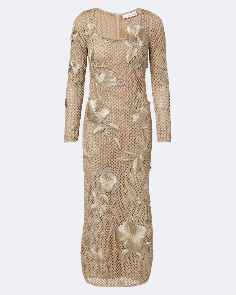 Oscar de la Renta Verziertes Midikleid Gold