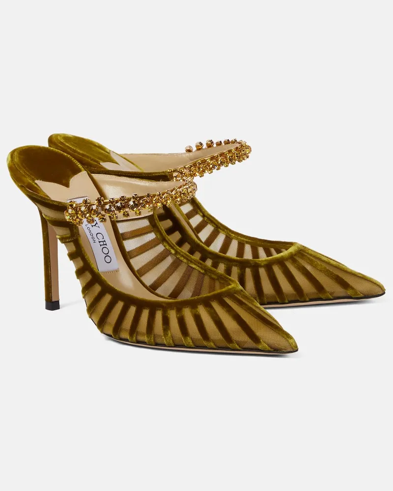 Jimmy Choo Verzierte Mules Bing 100 aus Samt und Mesh Grün