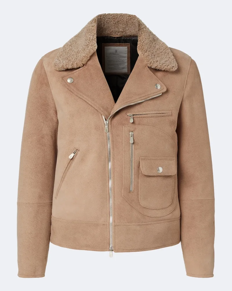 Brunello Cucinelli Bikerjacke aus Veloursleder mit Shearling Beige