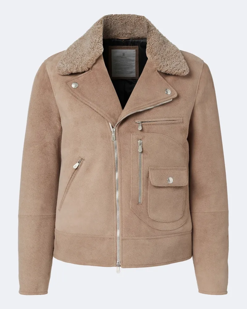 Brunello Cucinelli Bikerjacke aus Veloursleder mit Shearling Beige