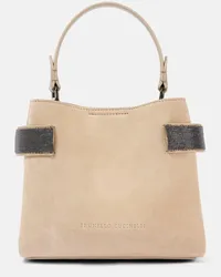 Brunello Cucinelli Verzierte Schultertasche aus Veloursleder Beige