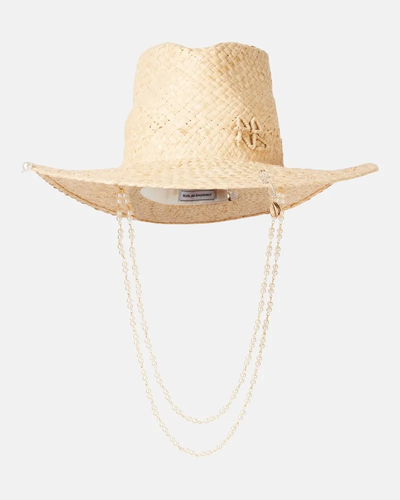 RUSLAN BAGINSKIY Fedora-Hut aus Stroh mit Zierperlen Beige